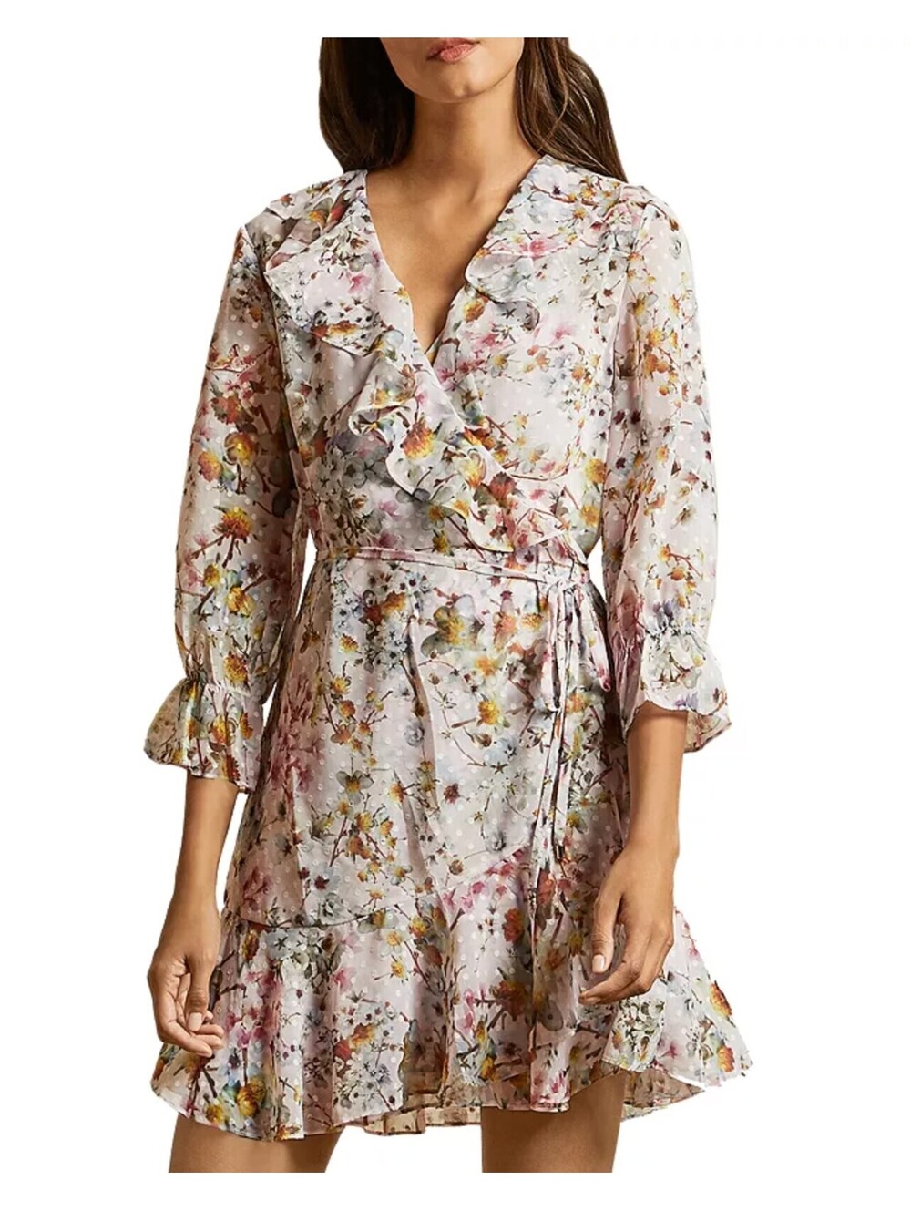 Ted Baker Grayce Jasmine Floral Ruffle Wrap Mini Dress Pink Size 0 US 2 XS